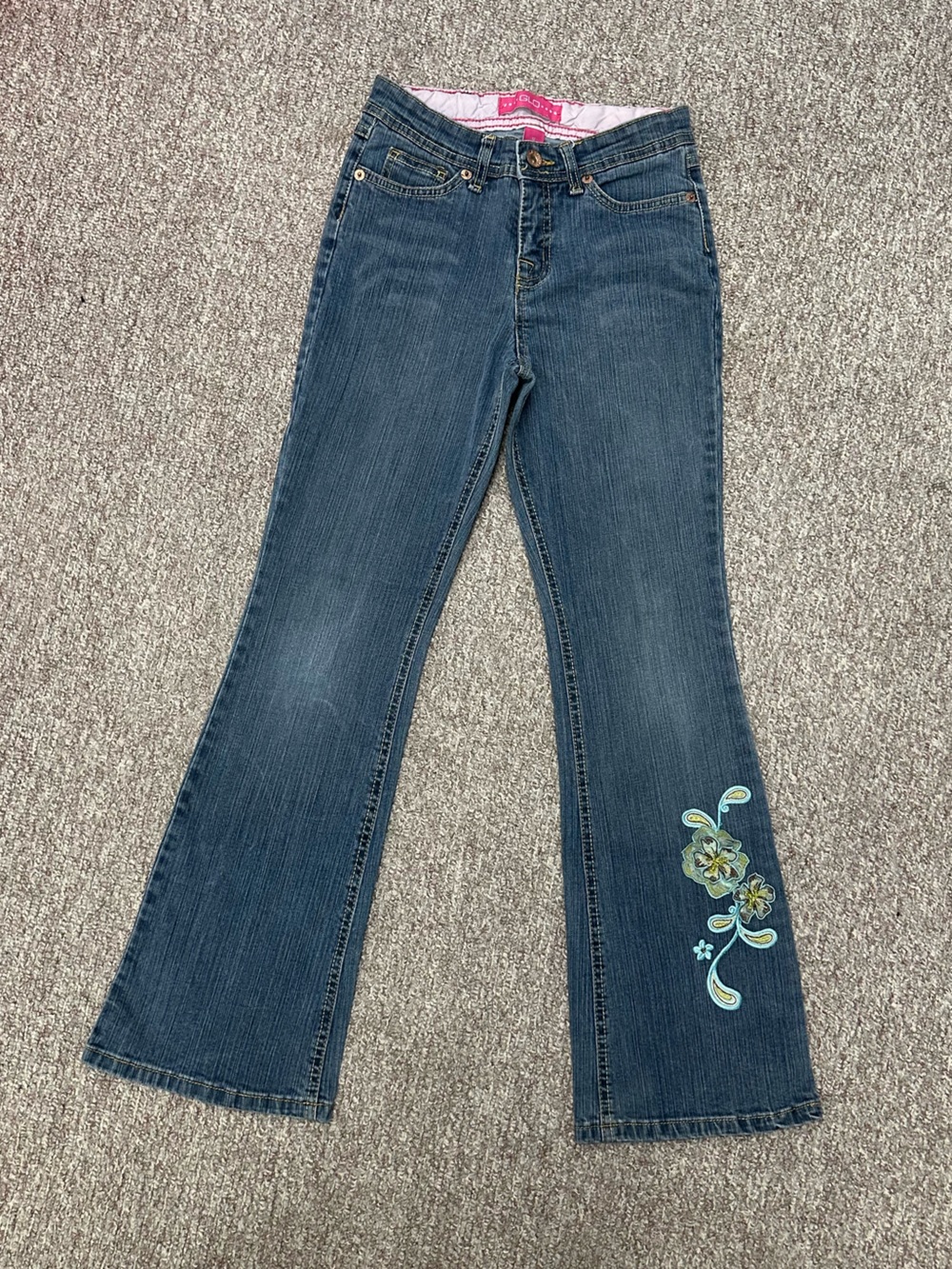 Y2K GLO jeans Juniors 12 Dark Blue Flare with Teal Floral/sequin Embroidery